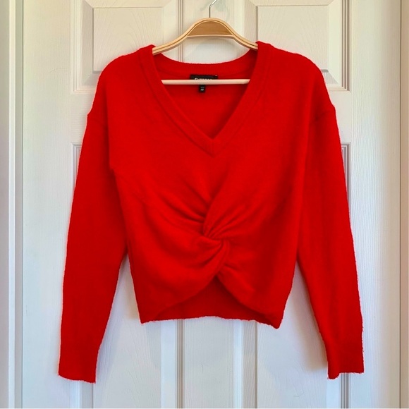 ❤️ Bright Red Knot-Front Long Sleeves V-Neck Brushed Knit Sweater - Picture 3 of 8
